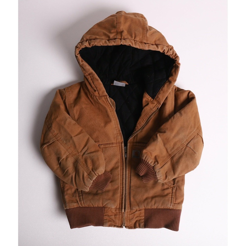 Carhartt Kids Brown Duck Canvas Quilted Flannel Lined Active Jacket 4T Hooded